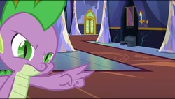 Size: 960x544 | Tagged: safe, screencap, spike, changeling, g4, to where and back again, disguise, disguised changeling, fake spike, hallway, male, solo