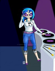 Size: 900x1165 | Tagged: safe, artist:yunsildin, dj pon-3, vinyl scratch, human, g4, female, horn, horned humanization, humanized, solo, turntable, watermark