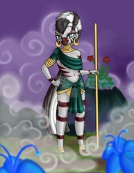 Size: 900x1165 | Tagged: safe, artist:yunsildin, zecora, human, zebra, anthro, g4, bodypaint, earring, female, fog, humanized, jewelry, piercing, poison joke, solo, staff, watermark