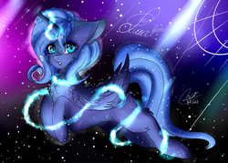 Size: 2560x1831 | Tagged: safe, artist:misucats, princess luna, g4, chest fluff, female, floppy ears, missing cutie mark, s1 luna, solo, space, stars