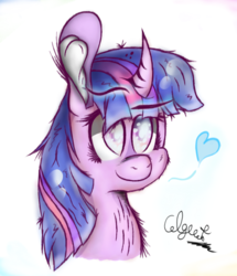 Size: 668x777 | Tagged: safe, artist:colgreat, twilight sparkle, g4, bust, chest fluff, curved horn, female, fluffy, heart, horn, portrait, simple background, solo