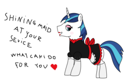 Size: 2170x1376 | Tagged: safe, artist:amateur-draw, shining armor, pony, unicorn, g4, clothes, crossdressing, heart, maid, maid shining armor, male, ms paint, sexy armor, shining femboy armor, solo, text