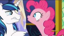 Size: 1366x768 | Tagged: safe, screencap, pinkie pie, shining armor, pony, g4, the one where pinkie pie knows, discovery family logo, out of context