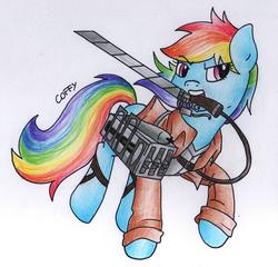 Size: 1799x1727 | Tagged: safe, artist:coffytacotuesday, rainbow dash, pegasus, pony, g4, attack on titan, clothes, crossover, female, mare, mouth hold, shingeki no koyubi, solo, sword, traditional art, weapon