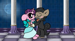 Size: 1024x563 | Tagged: safe, artist:thefanficfanpony, doctor caballeron, sugar belle, g4, cabelle, clothes, crack shipping, dress, gala dress, male, shipping, straight