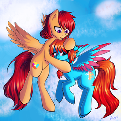 Size: 1818x1818 | Tagged: safe, artist:chaosangeldesu, oc, oc only, oc:alios, oc:chaos angel, pegasus, pony, duo, hug