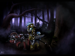 Size: 3508x2626 | Tagged: safe, artist:duh-veed, oc, oc:cloud zapper, pegasus, pony, unicorn, armor, dark, forest, high res, royal guard, scary, sword, weapon