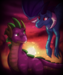 Size: 1013x1200 | Tagged: safe, artist:not-ordinary-pony, princess ember, spike, g4, heart, looking at each other, male, older, older spike, ship:emberspike, shipping, straight, sunset