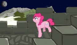 Size: 2228x1319 | Tagged: safe, artist:derpywoolfs, pinkie pie, g4, cloud, female, hill, looking away, looking up, moon, night, smiling, solo, space, stars, tree, walking, wall