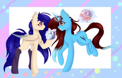 Size: 2391x1531 | Tagged: safe, artist:clefficia, oc, oc only, pegasus, pony, unicorn, hoof hold, magic, present