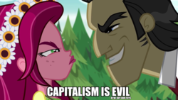 Size: 960x540 | Tagged: safe, screencap, filthy rich, gloriosa daisy, equestria girls, g4, my little pony equestria girls: legend of everfree, buy our toys, capitalism, eye contact, female, frown, glare, grin, hypocrisy, image macro, irony, looking at each other, male, meme, smiling, smirk, wtf