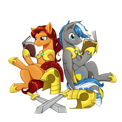 Size: 3000x3000 | Tagged: safe, artist:nothingspecialx9, oc, oc only, oc:cloud zapper, oc:supermare, earth pony, pegasus, pony, armor, book, duo, helmet, high res, reading, royal guard, simple background, sword, transparent background, weapon