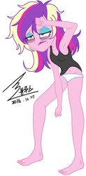 Size: 900x1822 | Tagged: safe, artist:bluse, dean cadance, princess cadance, equestria girls, g4, background removed, bags under eyes, barefoot, clothes, feet, female, incorrect foot anatomy, incorrect hand anatomy, messy hair, panties, show accurate, solo, tank top, tired, underwear, white underwear