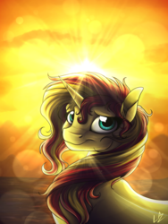 Size: 3000x4000 | Tagged: safe, artist:lupiarts, sunset shimmer, pony, unicorn, g4, crepuscular rays, female, high res, looking at you, looking back, solo, sunset