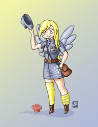 Size: 2549x3299 | Tagged: safe, artist:yunsildin, derpy hooves, human, g4, clothes, female, food, high res, humanized, mailmare, muffin, skirt, solo, uniform, winged humanization