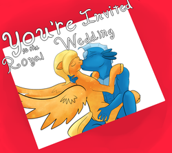 Size: 1024x910 | Tagged: safe, artist:titankore, oc, oc only, merpony, pegasus, anthro, kissing, male, straight, unshorn fetlocks, wedding invitation