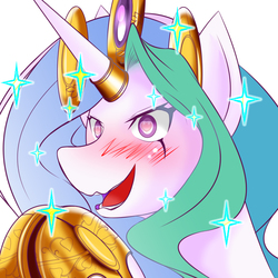 Size: 2652x2652 | Tagged: safe, artist:0ryomamikado0, princess celestia, g4, blushing, excited, female, heart eyes, high res, horn, horn ring, jewelry, regalia, solo, sparkles, wingding eyes