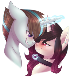 Size: 1164x1273 | Tagged: safe, artist:doekitty, oc, oc only, oc:cobalt, oc:hazel, pony, unicorn, blushing, bust, collar, crossed horns, duo, ear piercing, female, floppy ears, glowing horn, horn, horns are touching, looking at each other, magic, male, mare, oc x oc, piercing, shipping, simple background, smiling, stallion, straight, telekinesis, transparent background