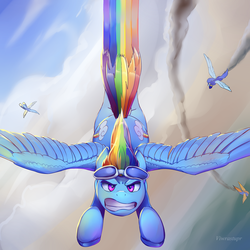 Size: 2000x1998 | Tagged: safe, artist:viwrastupr, misty fly, rainbow dash, soarin', spitfire, pony, g4, awesome, both cutie marks, epic, flying, goggles, goggles on head, gritted teeth, looking at you, rainbow trail, solo focus, teeth