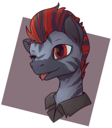 Size: 2682x3063 | Tagged: safe, artist:inlucidreverie, oc, oc only, oc:red trotsky, zebra, bust, high res, portrait, simple background, solo, tongue out, transparent background