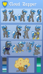 Size: 3068x5220 | Tagged: safe, artist:drawntildawn, oc, oc:cloud zapper, bat pony, breezie, crystal pony, pegasus, pony, clothes, female, foal, food, mare, muffin, night guard, rainbow power, rainbow power-ified, reference sheet, royal guard, rule 63, suit