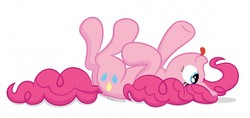 Size: 1280x606 | Tagged: safe, artist:littlehybridshila, pinkie pie, earth pony, pony, g4, :p, cute, diapinkes, female, horses doing horse things, legs in air, looking up, mare, on back, pointing, ponk, silly, silly pony, simple background, smiling, solo, tongue out, underhoof, upside down, white background