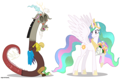 Size: 1900x1200 | Tagged: safe, artist:dragonchaser123, discord, princess celestia, alicorn, draconequus, pony, g4, bouquet, commission, crown, eyes closed, female, flower, happy, jewelry, kiss mark, kisses, looking back, male, mare, open mouth, paypal, raised hoof, regalia, ship:dislestia, shipping, simple background, smiling, spread wings, straight, transparent background, vector
