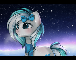 Size: 2000x1570 | Tagged: safe, artist:zella, oc, oc only, earth pony, pony, bow, clothes, cute, night, night sky, scarf, snow, snowfall, solo, winter