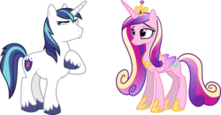 Size: 3310x1719 | Tagged: safe, artist:rustle-rose, princess cadance, shining armor, alicorn, pony, unicorn, g4, crown, duo, female, high res, hoof shoes, husband and wife, jewelry, male, mare, peytral, pouting, raised hoof, regalia, simple background, stallion, transparent background, vector