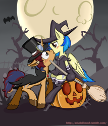 Size: 2400x2800 | Tagged: safe, artist:chilimod, oc, oc only, oc:electric spark, oc:silvia windmane, bat, pegasus, pony, unicorn, blushing, broom, cape, clothes, couple, dead tree, ear piercing, earring, flying, flying broomstick, full moon, goggles, halloween, hat, high res, holding, jack-o-lantern, jewelry, kissing, lidded eyes, looking at each other, male, moon, night, piercing, pumpkin, raised hoof, raised leg, silspark, sitting, straight, top hat, tree, unshorn fetlocks, wide eyes, witch, witch hat