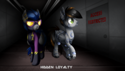 Size: 3656x2079 | Tagged: safe, artist:scarlet-spectrum, oc, oc only, pegasus, pony, robot, robot pony, clothes, commission, costume, door, duo, hallway, high res, machine, scenery, shadowbolts, shadowbolts uniform