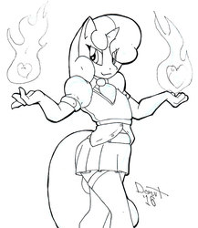 Size: 606x698 | Tagged: safe, artist:theburningdonut, sweetie belle, unicorn, anthro, g4, clothes, female, fire, lineart, monochrome, pyromancy, socks, solo, stockings, thigh highs