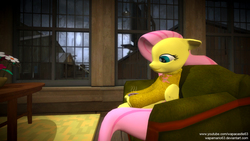 Size: 1920x1080 | Tagged: safe, artist:wapamario63, fluttershy, g4, 3d, chocolate, clothes, cottagecore, female, food, gmod, hot chocolate, rain, solo, sweater, sweatershy