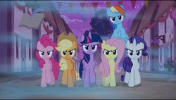 Size: 960x544 | Tagged: safe, screencap, applejack, fluttershy, pinkie pie, rainbow dash, rarity, twilight sparkle, alicorn, pony, g4, to where and back again, angry, dream, evil mane six, female, fog, looking at you, mane six, our town, twilight sparkle (alicorn), village, walking towards you, wrong neighborhood