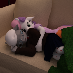 Size: 1500x1500 | Tagged: safe, artist:tahublade7, silver spoon, sweetie belle, earth pony, unicorn, anthro, plantigrade anthro, g4, 3d, couch, daz studio, eyes closed, female, filly, floppy ears, glasses, lesbian, ship:silverbelle, shipping, sleeping, snuggling, tights