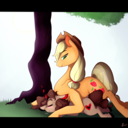 Size: 1024x1024 | Tagged: safe, artist:kyuuno-chan, applejack, oc, pony, g4, canon x oc, duo, male, rule 63, shipping, straight