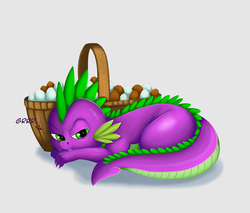 Size: 2039x1736 | Tagged: safe, artist:exelzior, spike, g4, basket, curled up, cute, egg, gradient background, growling, lidded eyes, lying down, male, nose wrinkle, prone, solo, spikabetes