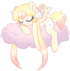 Size: 2235x2267 | Tagged: safe, artist:hawthornss, oc, oc only, oc:nukku, pegasus, pony, cloud, cute, eyes closed, gradient mane, hair accessory, high res, long mane, ponified, prone, simple background, sleeping, smiling, solo, spread wings, transparent background, twintails