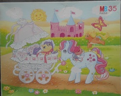 Size: 956x760 | Tagged: safe, photographer:sweetbubbles, applejack (g1), baby lemon drop, sweet stuff, g1, official, baby carriage, cute, dream castle, irl, merchandise, milton bradley, photo, puzzle, sweet sweet stuff