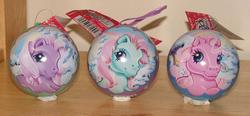 Size: 721x335 | Tagged: safe, photographer:tradertif, minty, pinkie pie (g3), wysteria, g3, christmas, irl, merchandise, ornament, ornaments, photo