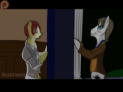 Size: 2560x1920 | Tagged: safe, artist:rostimen, anthro, black star, david bowie, door, duo, elegant, house, night, patreon, patreon logo, pillar, song, song reference, stars are out night