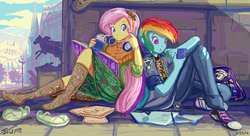 Size: 3129x1699 | Tagged: safe, artist:jowyb, fluttershy, rainbow dash, equestria girls, g4, book, canterlot high, cellphone, clothes, converse, drink, female, headphones, lesbian, open mouth, papercraft, phone, scenery, ship:flutterdash, shipping, shoes, sneakers, socks, statue