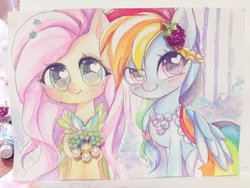 Size: 1200x900 | Tagged: safe, artist:odaefnyo, fluttershy, rainbow dash, pegasus, pony, g4, collage, female, heart eyes, lesbian, mare, ship:flutterdash, shipping, traditional art, watercolor painting, wingding eyes