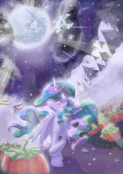Size: 4961x7016 | Tagged: safe, artist:hananpacha, princess celestia, alicorn, pony, g4, absurd resolution, female, full moon, looking at something, looking up, mare in the moon, missing accessory, moon, moonlight, pumpkin, pumpkin patch, snow, snowfall, solo, wings