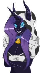 Size: 1108x1982 | Tagged: safe, artist:kasaler, artist:negasun, derpibooru exclusive, nightmare rarity, rarity, cow, anthro, g4, bell, breasts, busty nightmare rarity, collaboration, cow suit, cowbell, cowprint, female, nightmare raricow, raricow, simple background, solo, species swap, transparent background