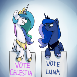Size: 1200x1200 | Tagged: safe, artist:anticular, princess celestia, princess luna, alicorn, pony, ask sunshine and moonbeams, g4, duo, duo female, female, grin, mare, smiling, user meltdown in the comments, vote