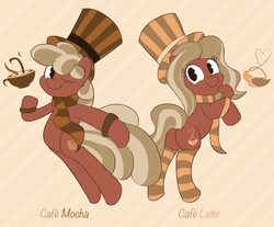 Size: 945x783 | Tagged: safe, artist:zelc-face, oc, oc only, oc:cafe latte, oc:cafe mocha, butt, clothes, coffee, cup, cute, cutie mark, drink, hat, looking at you, plot, scarf, smiling, socks, striped socks, top hat, wink