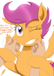 Size: 2200x3100 | Tagged: safe, artist:janji009, scootaloo, human, pegasus, pony, g4, adorable distress, cheek pinch, cute, cutealoo, cutie mark, dialogue, eyebrows, eyebrows visible through hair, female, filly, flapping, flapping wings, foal, gritted teeth, hand, high res, one eye closed, scootalove, simple background, spread wings, squishy cheeks, talking, teeth, the cmc's cutie marks, white background, wings