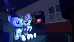 Size: 3840x2160 | Tagged: safe, artist:viranimation, rumble, sweetie belle, thunderlane, pegasus, pony, unicorn, g4, 3d, arcade machine, colt, female, filly, high res, hoof biting, male, movie, night, playstation 2, rumblebot, scared, ship:rumbelle, shipping, source filmmaker, straight, television