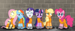 Size: 3000x1262 | Tagged: safe, artist:spellboundcanvas, applejack, fluttershy, pinkie pie, rainbow dash, rarity, twilight sparkle, g4, annoyed, bound wings, chains, clothes, confused, crying, happy, horn, horn cap, magic suppression, mane six, prison, prison outfit, prisoner aj, prisoner pp, prisoner rd, prisoner ry, prisoner ts, restraints, scared, shackles, varying degrees of want, wing cuffs, worried